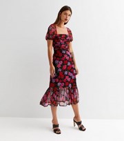 New Look Black Floral Mesh Ruched Tiered Midi Dress